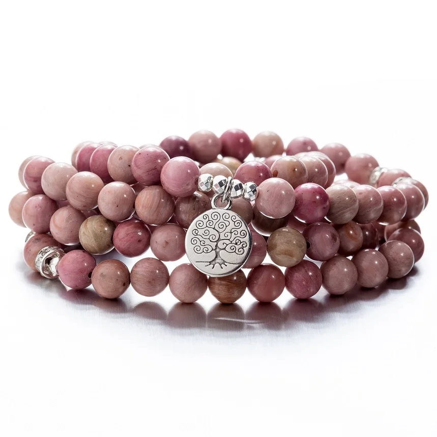 red tree Женские 108 бусины, розовые камни, эластичные браслеты, Lotus OM, Будда, молитва, любовь, массивные ювелирные изделия - Окраска металла: red tree