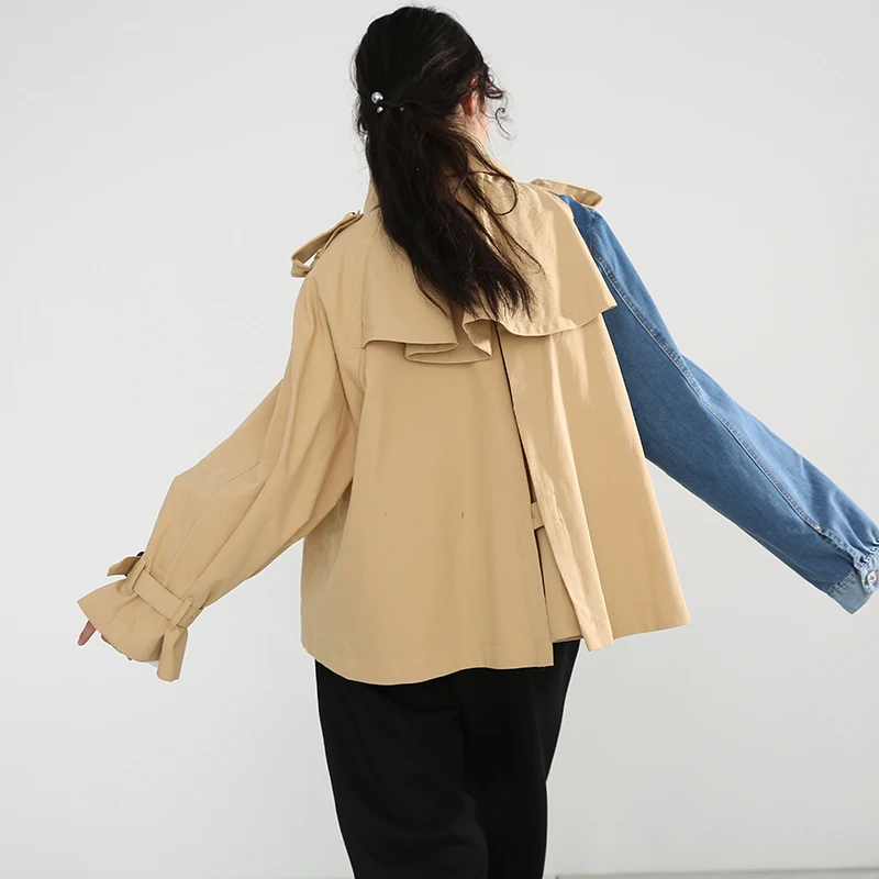 

[EAM] Loose Fit Khaki Irregular Denim Big Size Jacket New Lapel Long Sleeve Women Coat Fashion Tide Spring Autumn 2021 1B09304