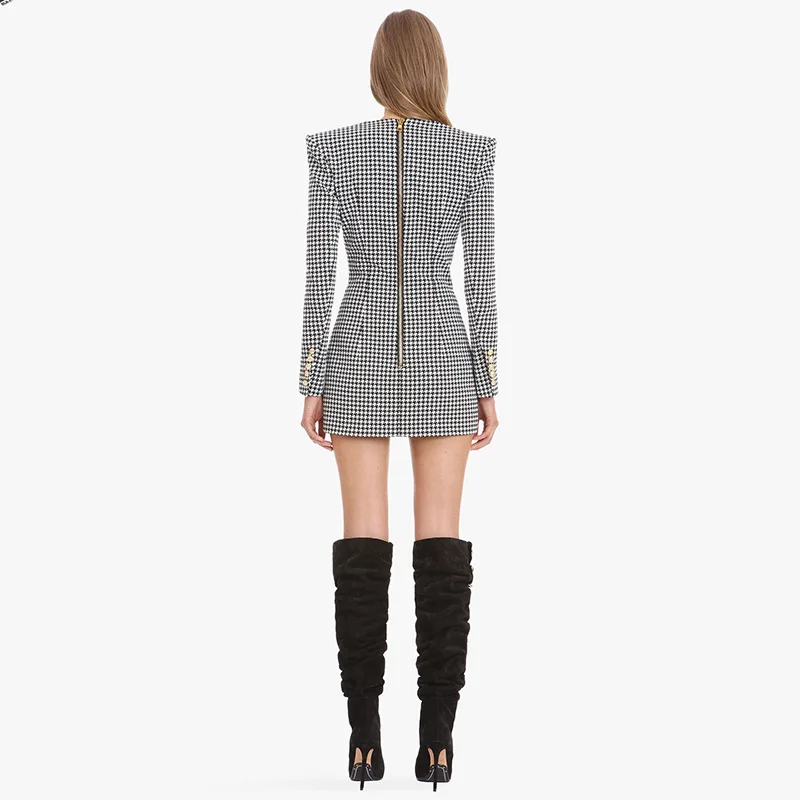 Women Elegant Plaid Dress Autumn Houndstooth Office Ladies Sexy V Neck Long Sleeve Party Bodycon Vestidos | Женская одежда
