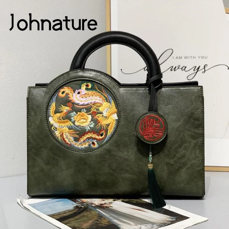 

Женская кожаная сумка в китайском стиле Johnature, вместительная сумка на плечо в стиле ретро, с вышивкой, ручная работа, 2022