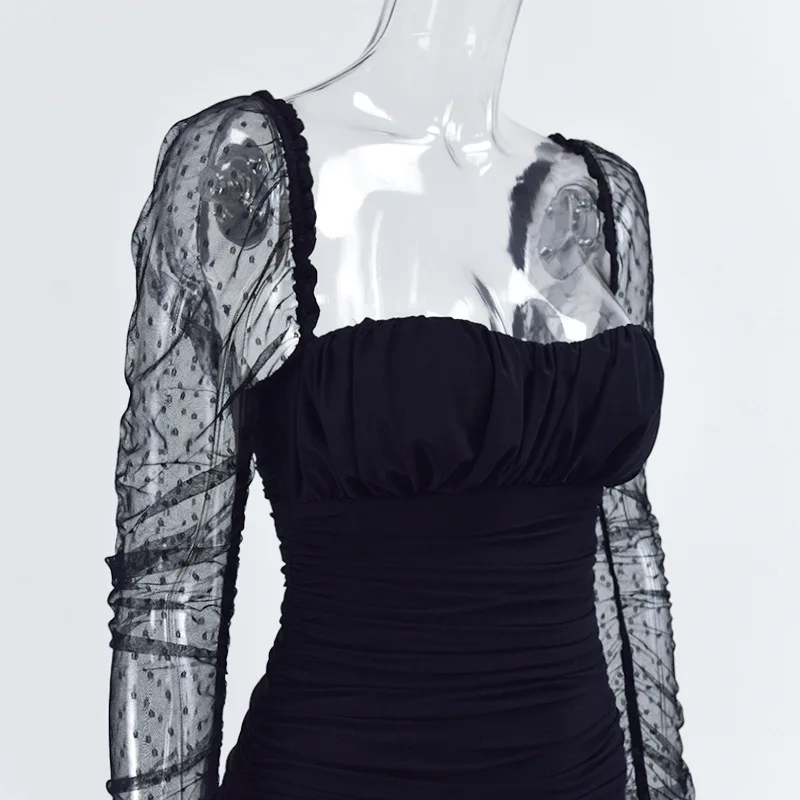 

ZQLZ Women Sexy Mini Blake Dress Lace Hollow Out Puff Sleeve Dress Female Sheath Club Dress Women Party Plus Size Dress Vestios