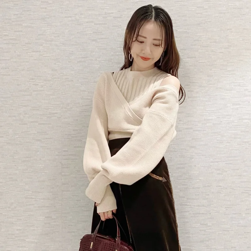 

Женский трикотажный свитер без бретелек, винтажный пикантный однотонный пуловер с длинным рукавом, весна 2021