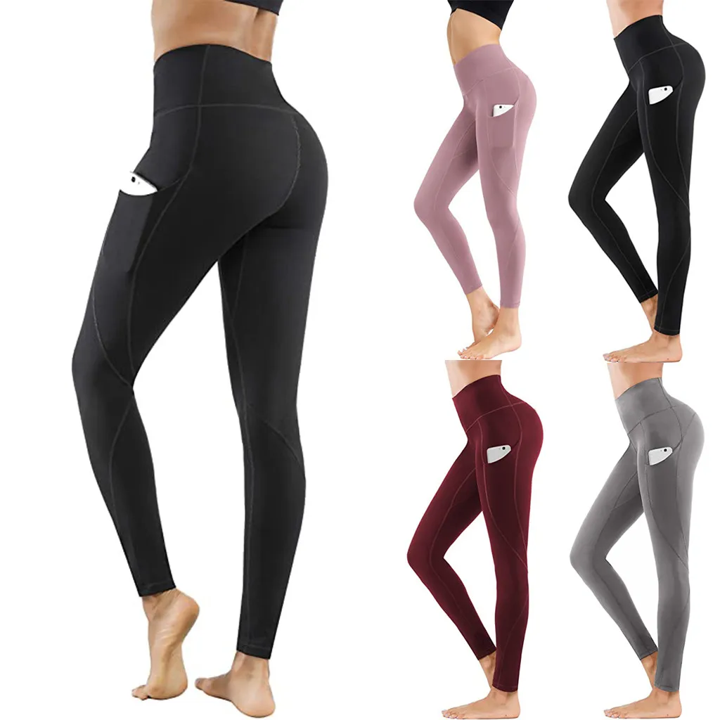 

Women's Yoga Leggings High Waist Tight Elastic Quick Dry Solid Pocket Yoga Pants Fitness Yoga Pants Running mallas push up E2