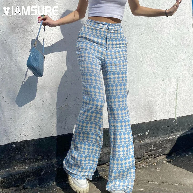 

IAMSURE Y2K Aesthetic Argyle Plaid Pants Women 2021 Fashion Casual Cool Slim High Waisted Wide Leg Trousers Streetwear Holiday