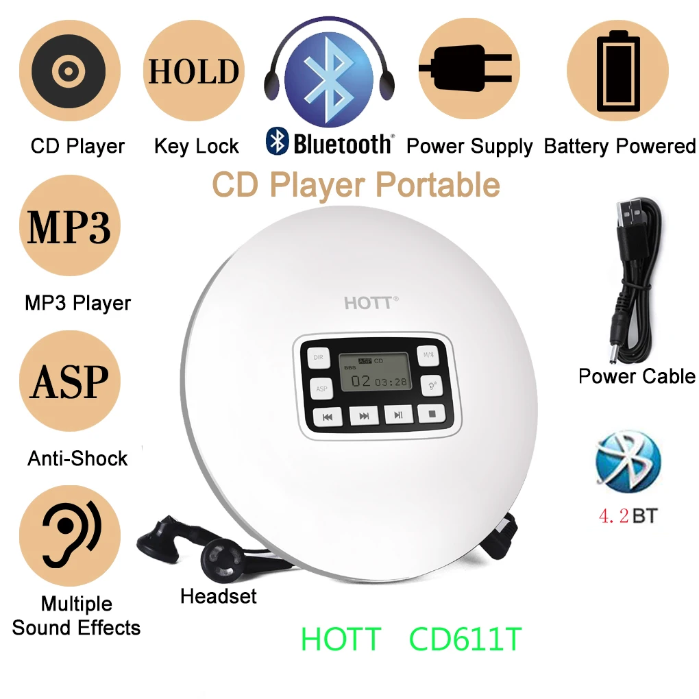 Портативный Bluetooth cd плеер HOTT CD611T ЖК дисплей ударопрочный CD музыкальный