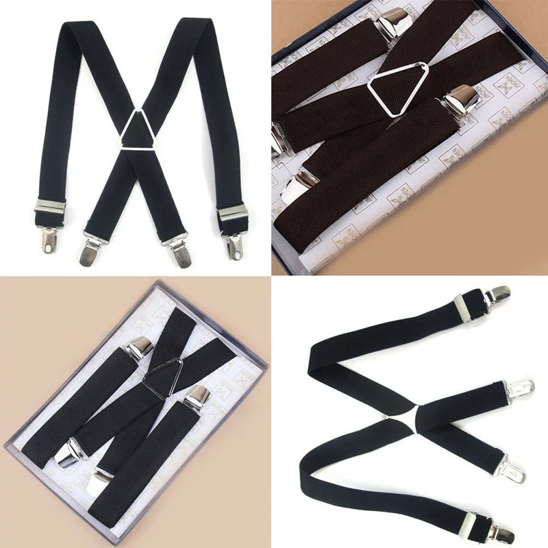 

Men's Suspenders Elastic 2.5cm X Back Metal Cross Black Plating Buckle Solid Fashioin British Style 4 Clips Strap Leather