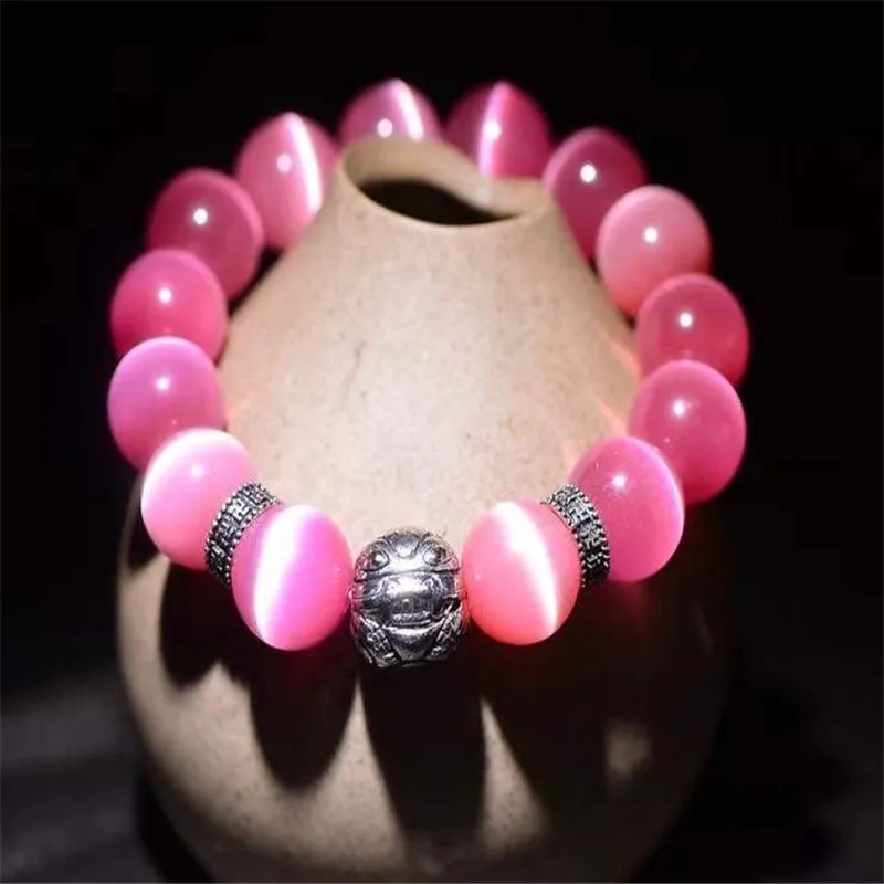 Браслет кошачий глаз из натурального камня розового и голубого цвета эластичный