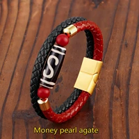 new long oval money lucky dzi natural agate two color ethnic style ladies bracelet 316l stainless steel leather rope bracelet
