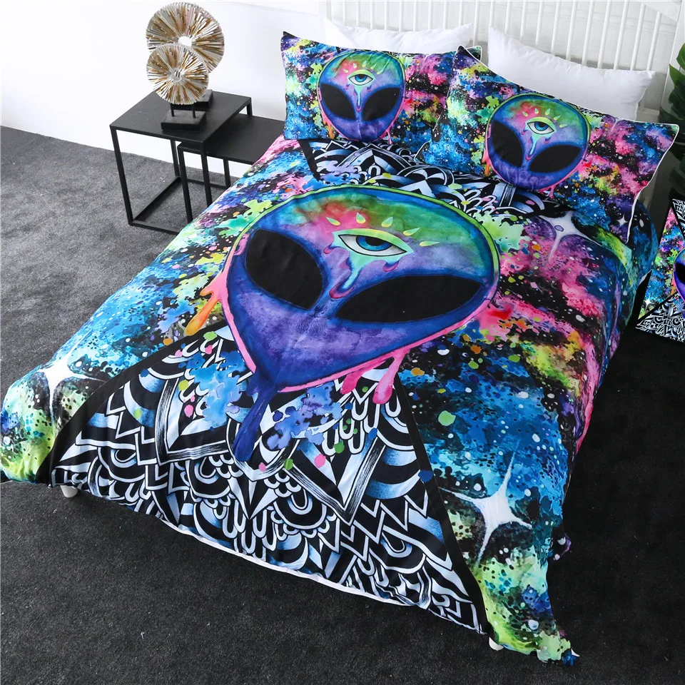 Комплект постельного белья Trippy Alien by Brizbazaar, акварельный колдовский пододеяльник, набор постельного белья "Третий глаз", 3 шт., покрывала "Мандала блюдце"