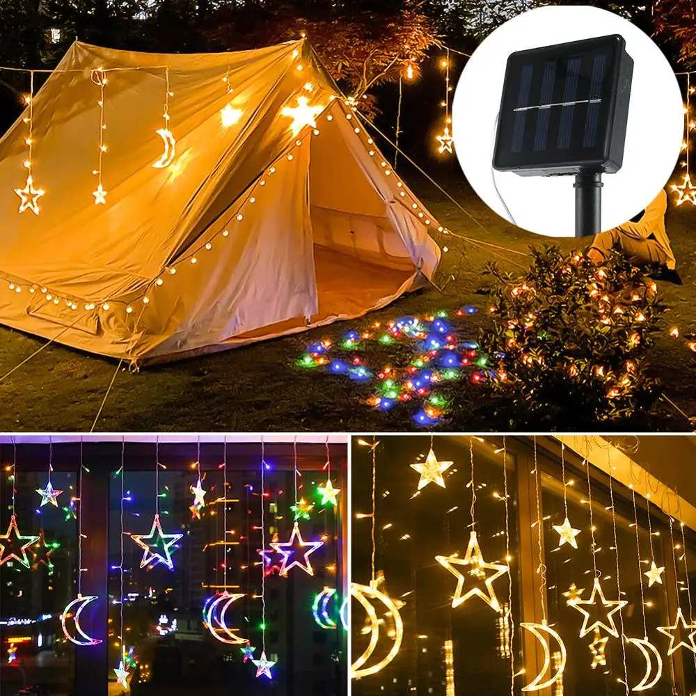 

Christmas decoration Solar Powered LED Curtain Lights with Stars Moons Dimmable 8 Lighting Modes with Timer Twinkle String Light