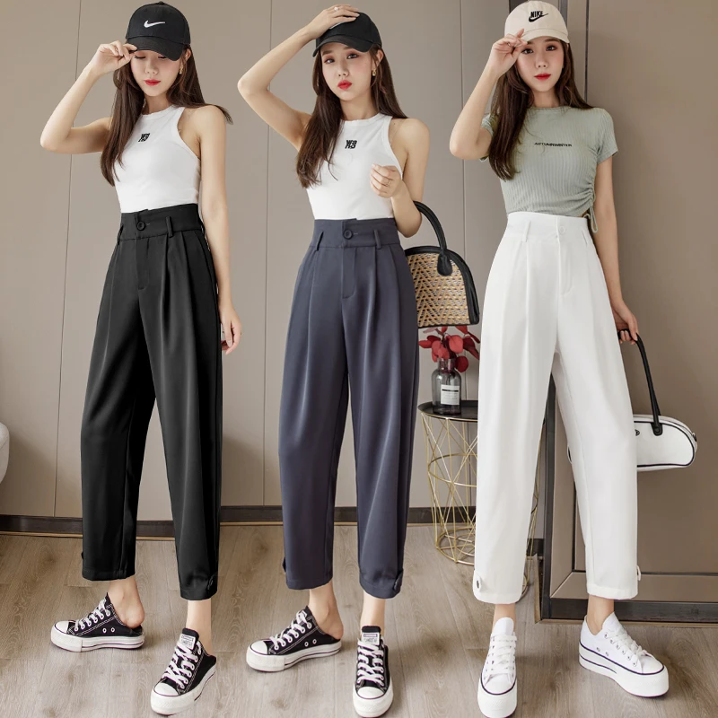 

Limiguyue Retro Suit Pants High Waisted Chic Nine Points Casual Women Fashion Solid Trousers Straight Harem Pants CaprisK924