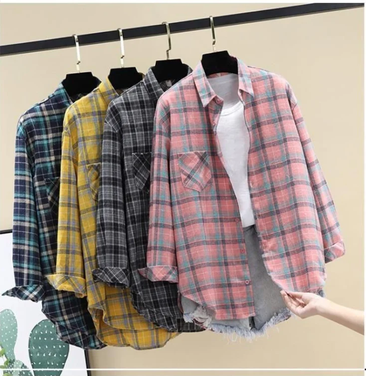 Женская рубашка с длинным рукавом свободная клетчатая в стиле ретро Корейская