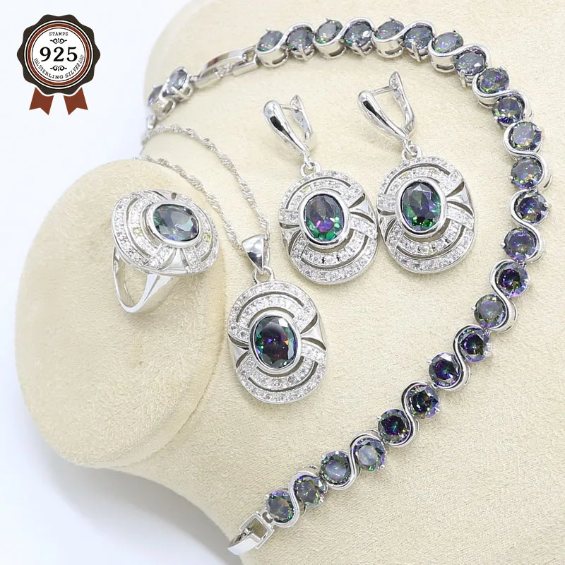 Набор украшений для женщин с геометрическим радужным цирконием серебряного