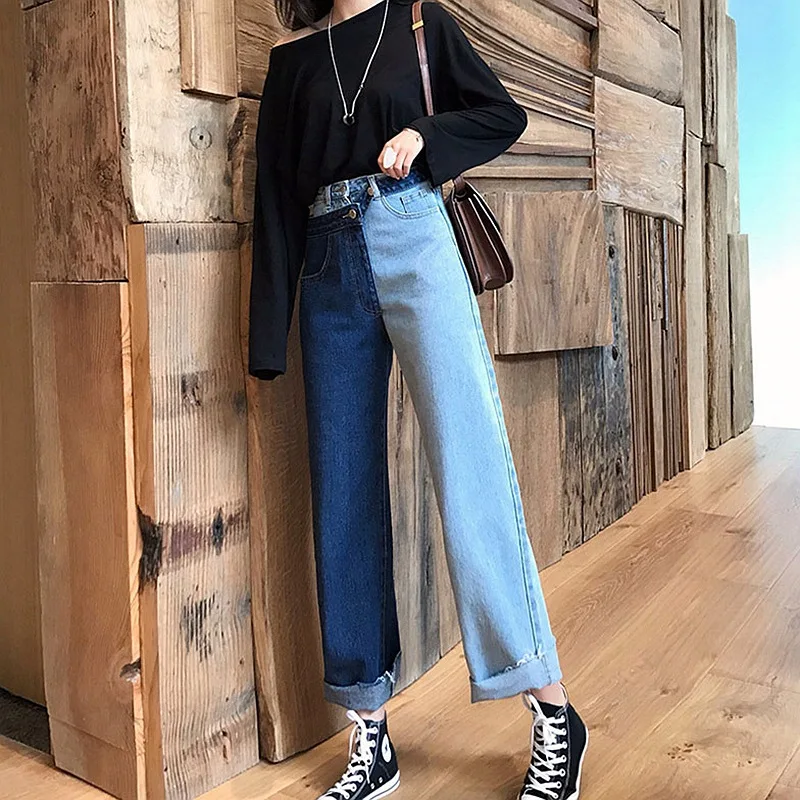 Джинсы прямые в гонконгском стиле модные темпераментные комбинированные джинсы