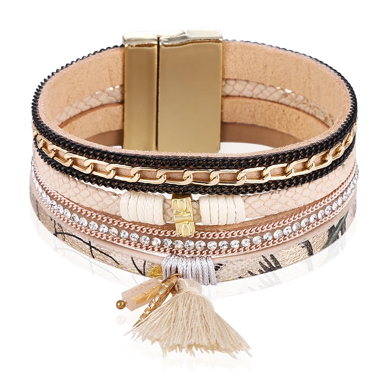 Новые модные Многослойные Кожаные бриллианты и браслеты в стиле бохо магнитные