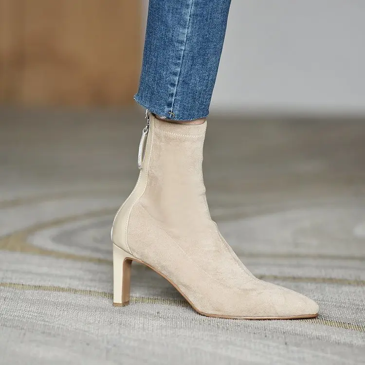 

Fashion Women's Boots Velvet Pointed Toe Zipper Mid Thin Heel Short Ladies Ankle Boots Gentle Office Lady Ins Female Footwears