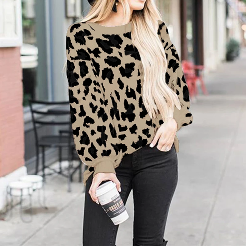 Женский трикотажный свитер Леопардовый с длинным рукавом Повседневная Уличная