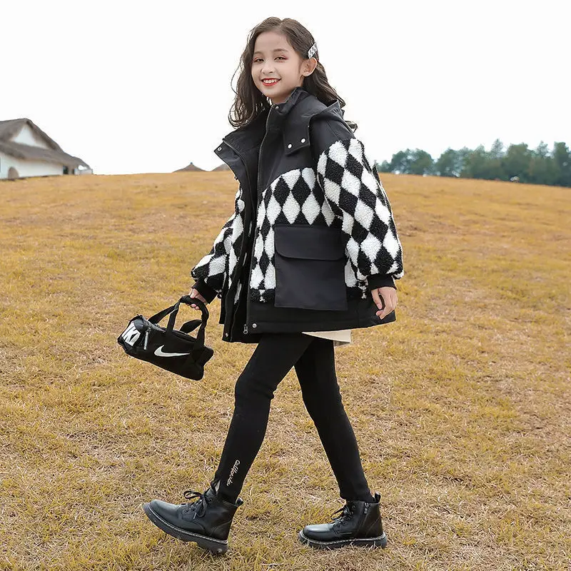 

Girls Winter Coat 2022 New Child Mid Length Thick Jacket and Velvet Cotton Kids Hooded Warm Outerwear Clothes for Girls 12 Year