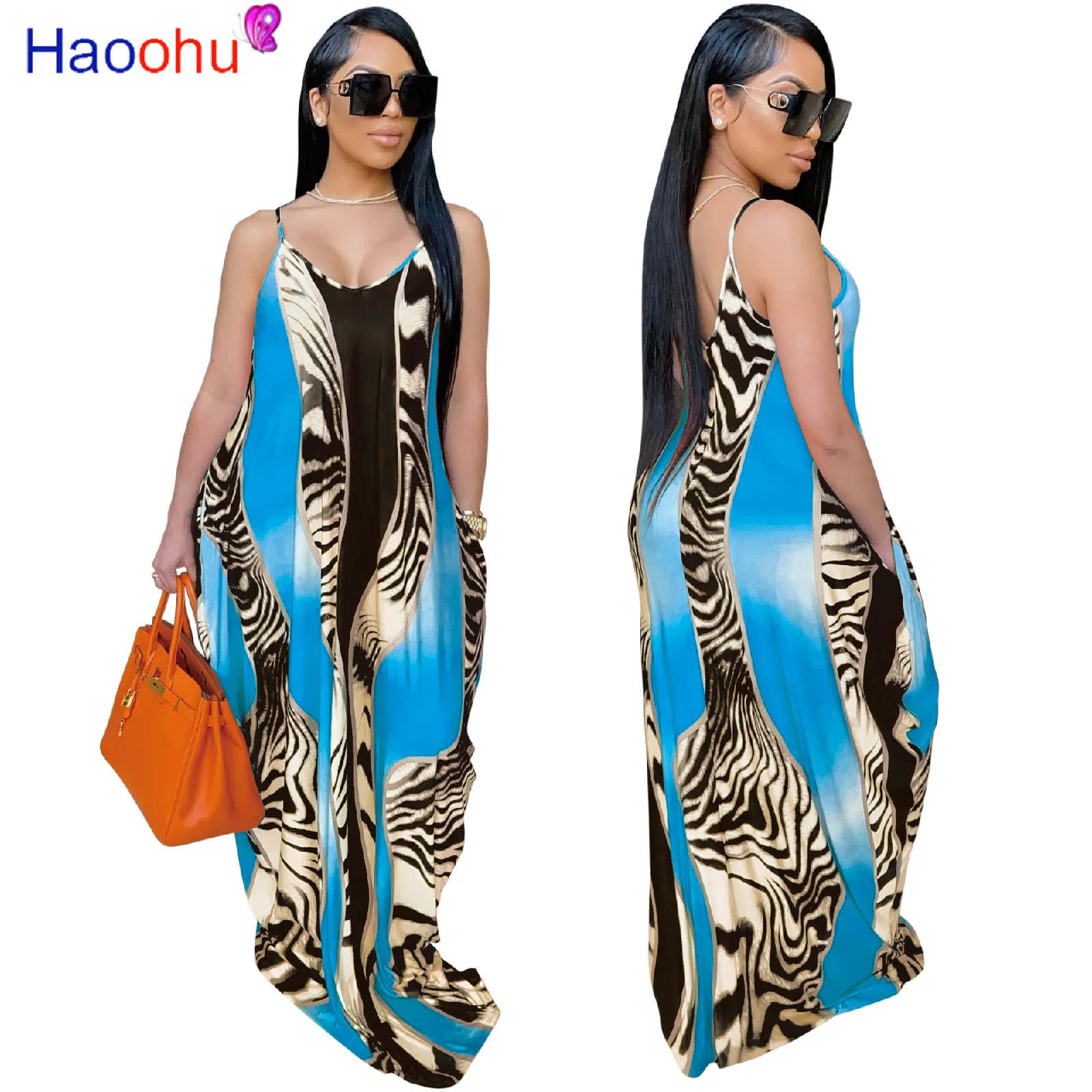 

Gradient Zebra Printed Summer Boho Dress Woman Hot Deep V Neck Sleeveless Long Beach Dresses Vintage Spaghetti Strap Party Dress