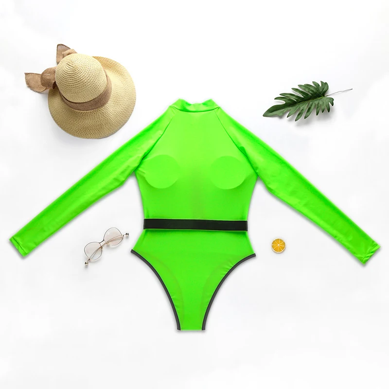 Бразильский Цельный купальник на молнии с длинным рукавом неоново-зеленый