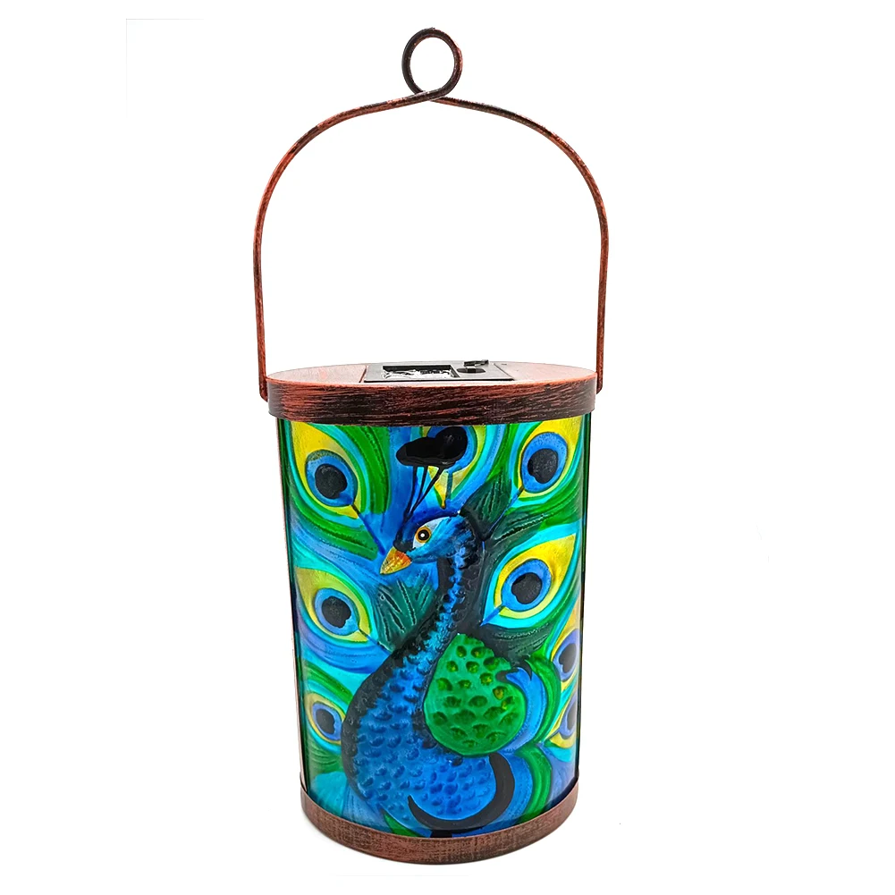 

Водонепроницаемый светодиодный светильник на солнечной батарее, фонарь из кованого железа с павлиньим стеклом для рисования во дворе, ланд...