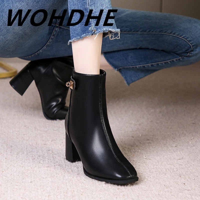 

Женские современные ботинки WOHDHE на молнии, из искусственной кожи и хлопка, Короткие однотонные ботинки до щиколотки с квадратным носком и к...