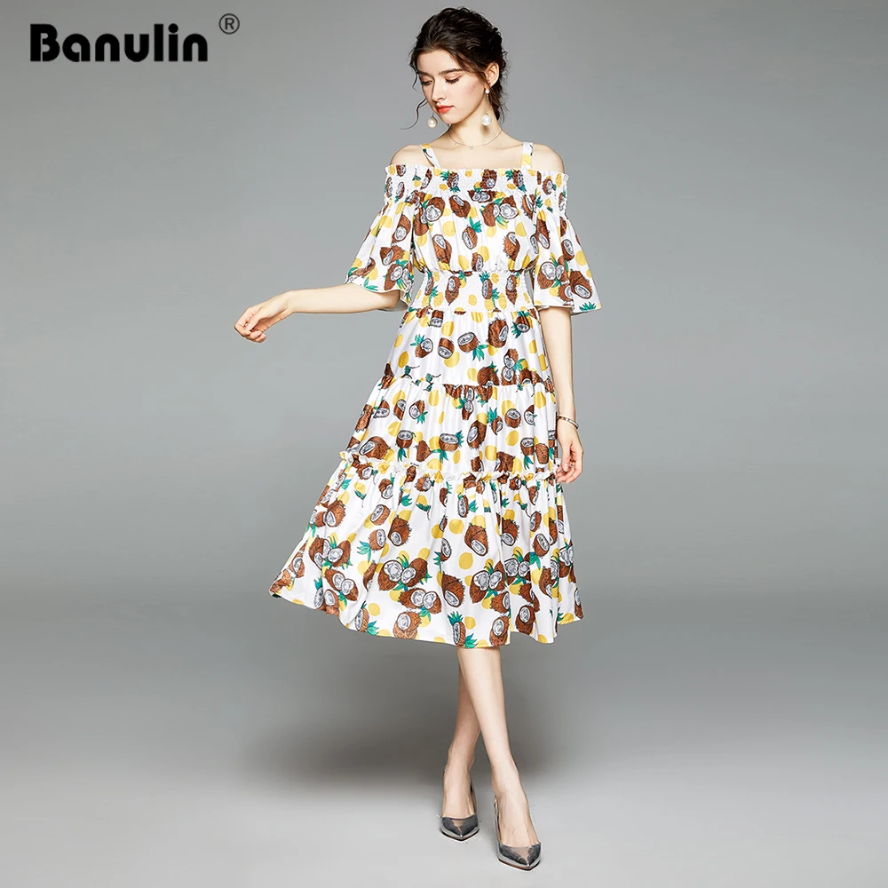 

2020 New Summer Dress for Women Cold Off Shoulder Slash Neck Coconut Fruit Print Elastic Waist Ruffles Big Swing Holiday Dress