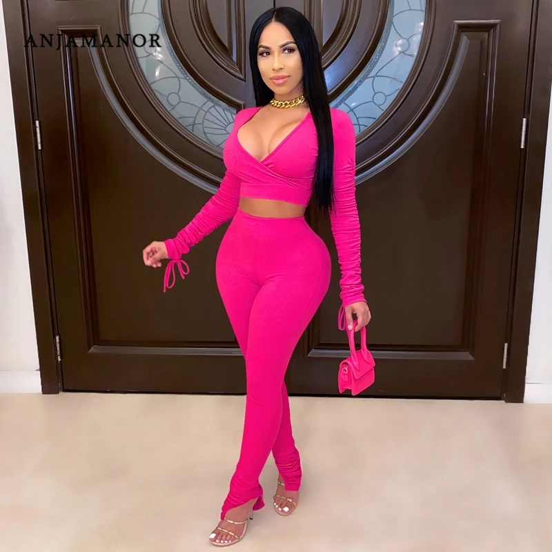 

ANJAMANOR/сексуальный однотонный трикотажный комплект из 2 предметов, женские Клубные наряды, осенняя мода 2020, топ с длинными рукавами и штаны, к...