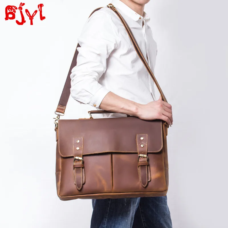 Men's Briefcase Men Shoulder Messenger Bag Retro First Layer Leather Handbags Casual Laptop Bags Handmade Crazy Horse Leather