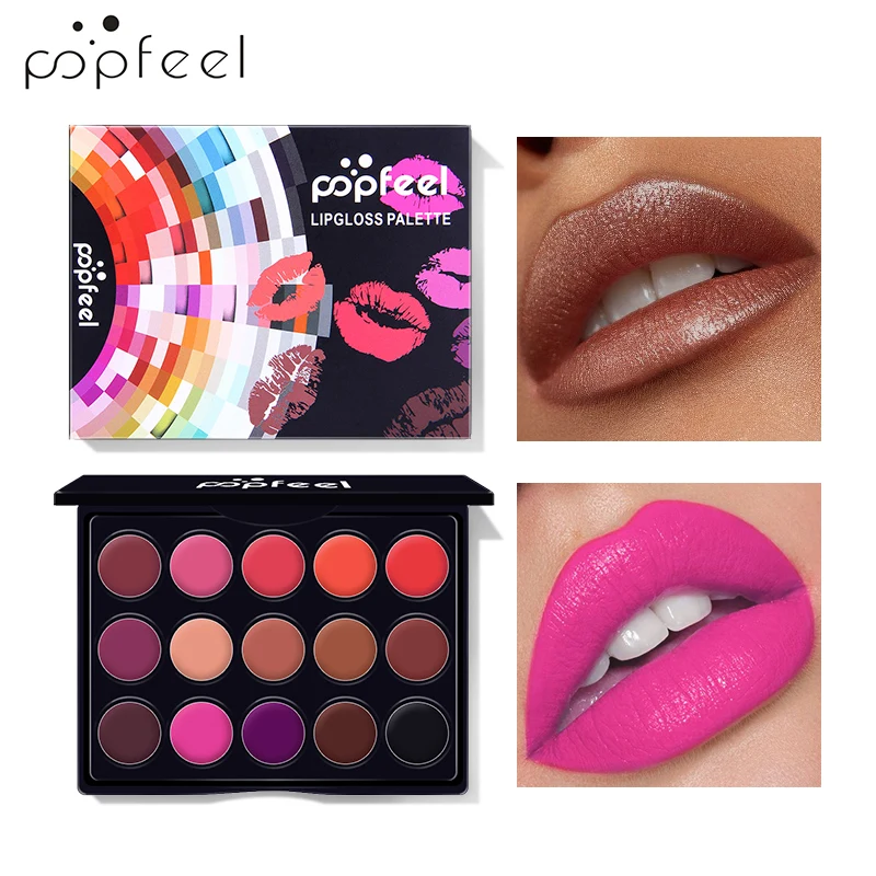 POPFEEL 15 цветов длительная Бархатная палитра блеска для губ матовая губная помада макияж набор кисть для губ антипригарная чашка Губная помада Косметика 50 г