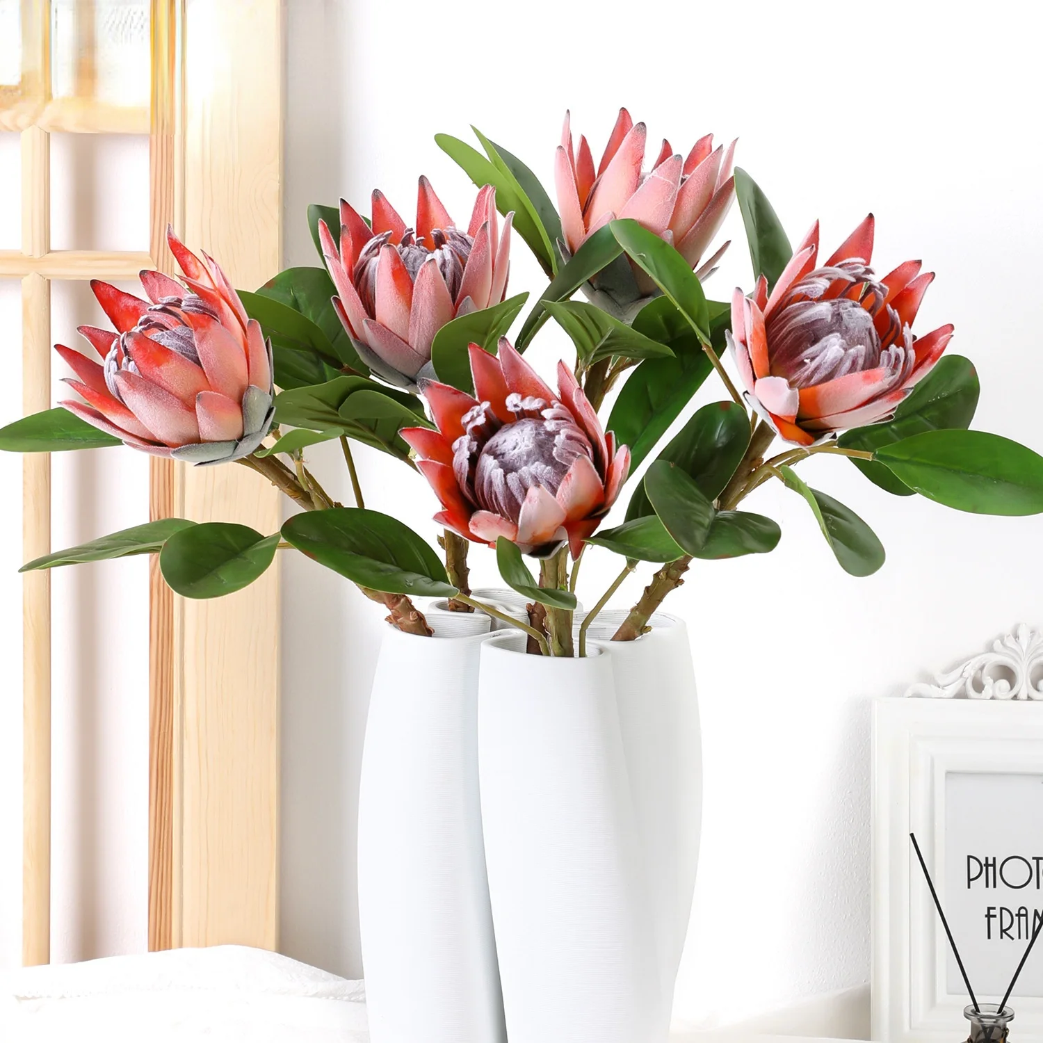 

Luxury 50cm Single Branch Protea Cynaroide Flocking Flores Artificial Flower Decoration King Fake Silk Flowers for Home Decor