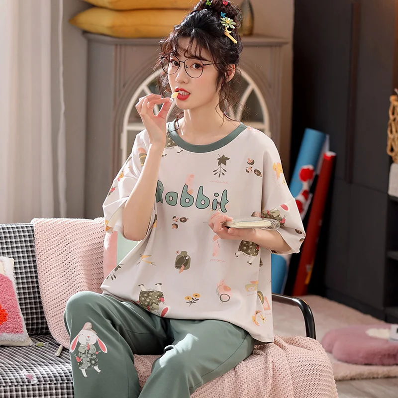 Пижамный комплект 5XL Женский топ с коротким рукавом длинные брюки в клетку