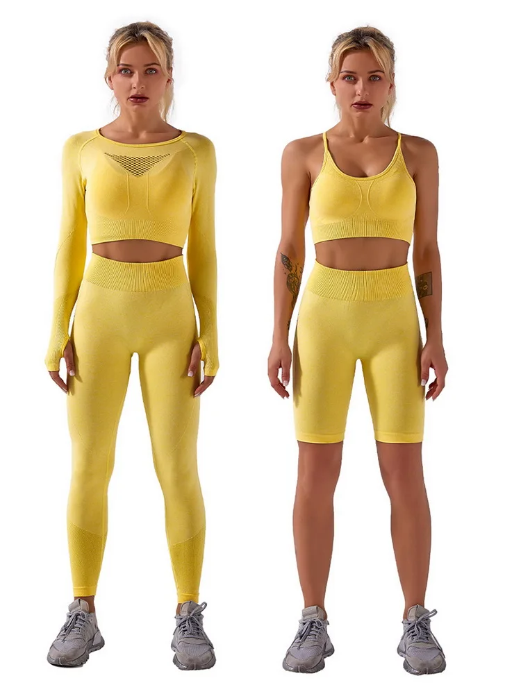 

Yellow 4-piece new solid color women's leggings fitness sportswear seamless hollow vest+bra+shorts+trousers slim shaping GYM