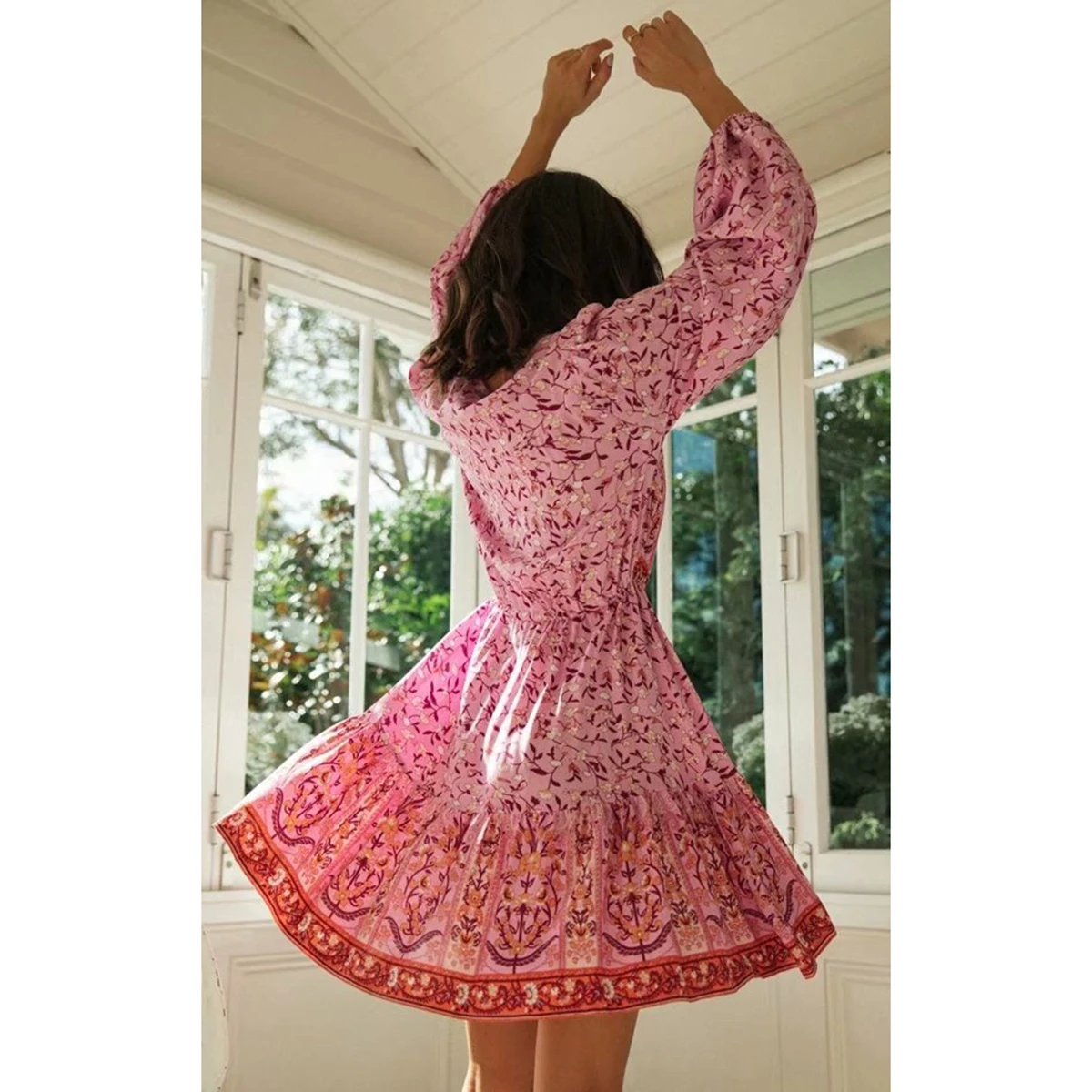 

Jastie Boho Floral Print Dress Women V-neck Long Sleeve Spring Autumn Dresses Chic Ruffle Hem Beach Mini Dress Short Vestidos