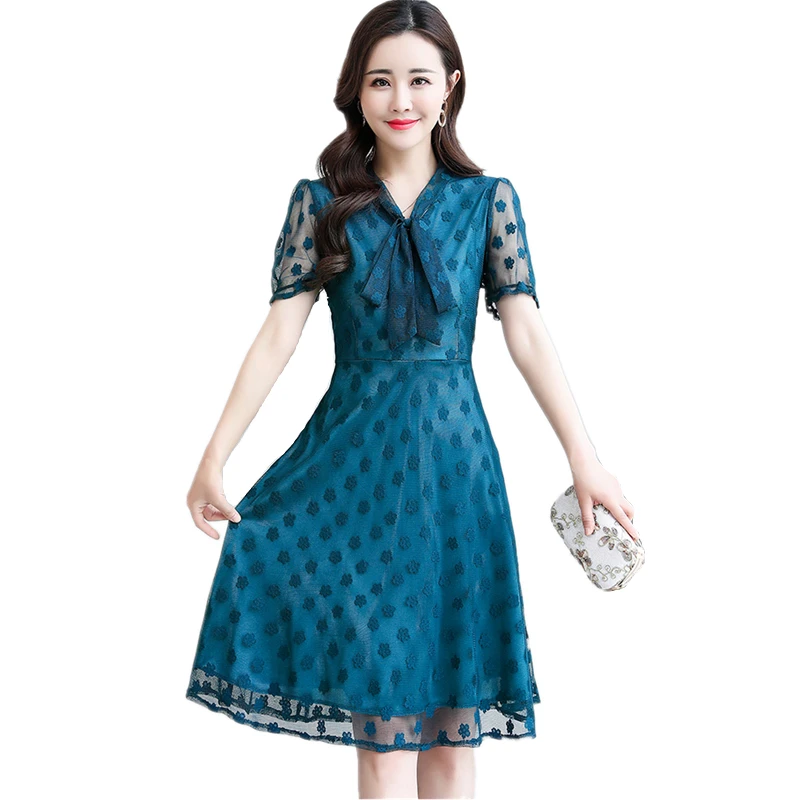 

LUKAXSIKAX 2021 New Summer Women Short Sleeve Dress Plus Size Women Clothing Sweet Bow Floral Mesh Lolita Dress