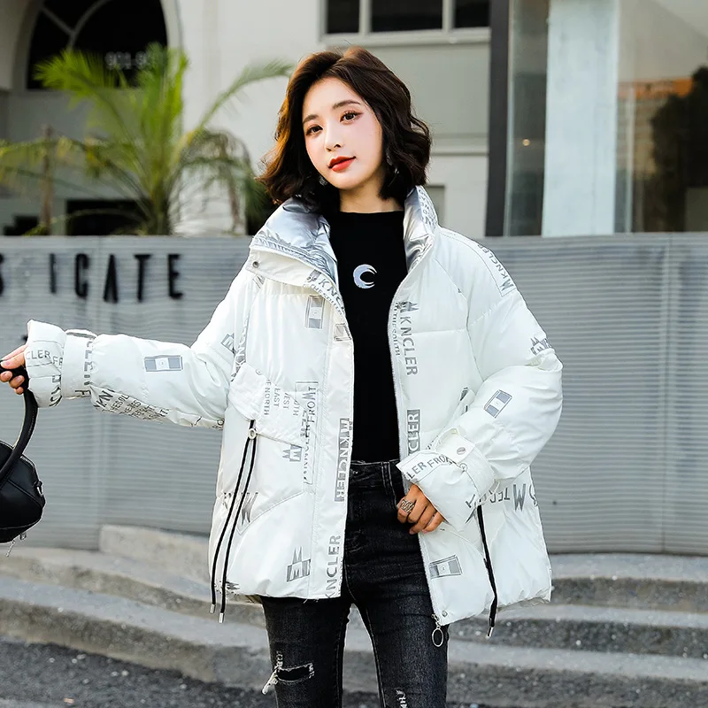 

Зимняя куртка, женские парки, короткий пуховик с воротником-стойкой и капюшоном, хлопковая куртка, глянцевая парка, Свободная Женская Повсе...