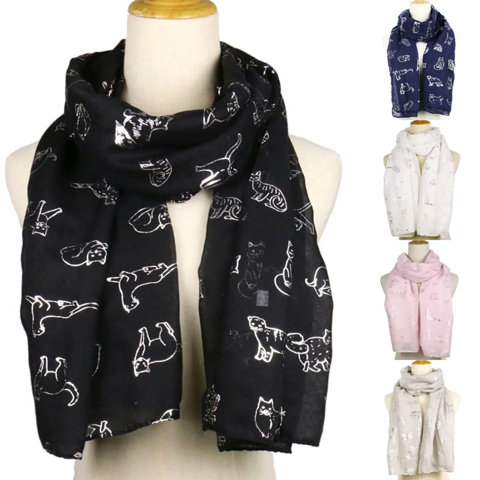 Fashion Women Cat Foil Printed Long Wrap Shawl Pashmina Stole Scarf Scarves Bandana Chiffon Hijab Hair Accessories Шарф Женский |