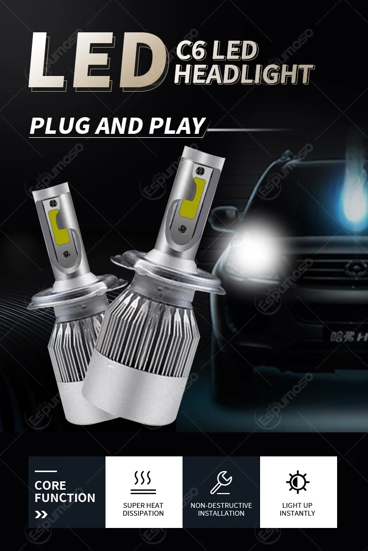 

2pcs C6 H1 H3 Led Headlight Bulbs H7 LED Car Lights H4 LED 880 H11 9005 9006 H13 6000K 72W 8000LM Auto Headlamps Factory Supply