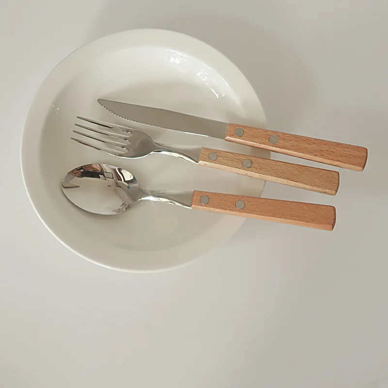 

Wooden Handle Knife, Fork and Spoon Three Piece Set of Western Tableware Steak Knife and Fork Set 304 Stainless Steel Spoon