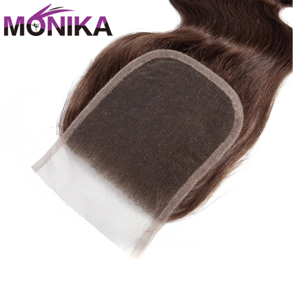 Monika закрытие волос 2#4# коричневые волосы бразильские объемные волнистые волосы 4x4 швейцарское кружево Закрытие не Remy Закрытие человеческих волос