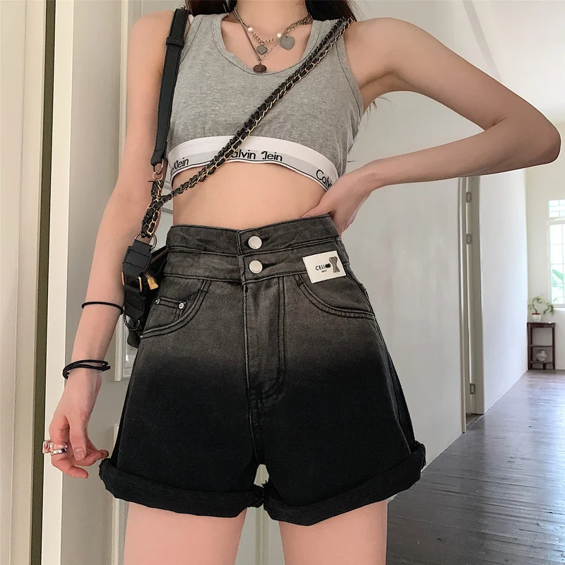

Jean Shorts Straight Curly A-line Black Jeans Women's Summer New Style Korean Loose High Waist Was Thin and Short Trend