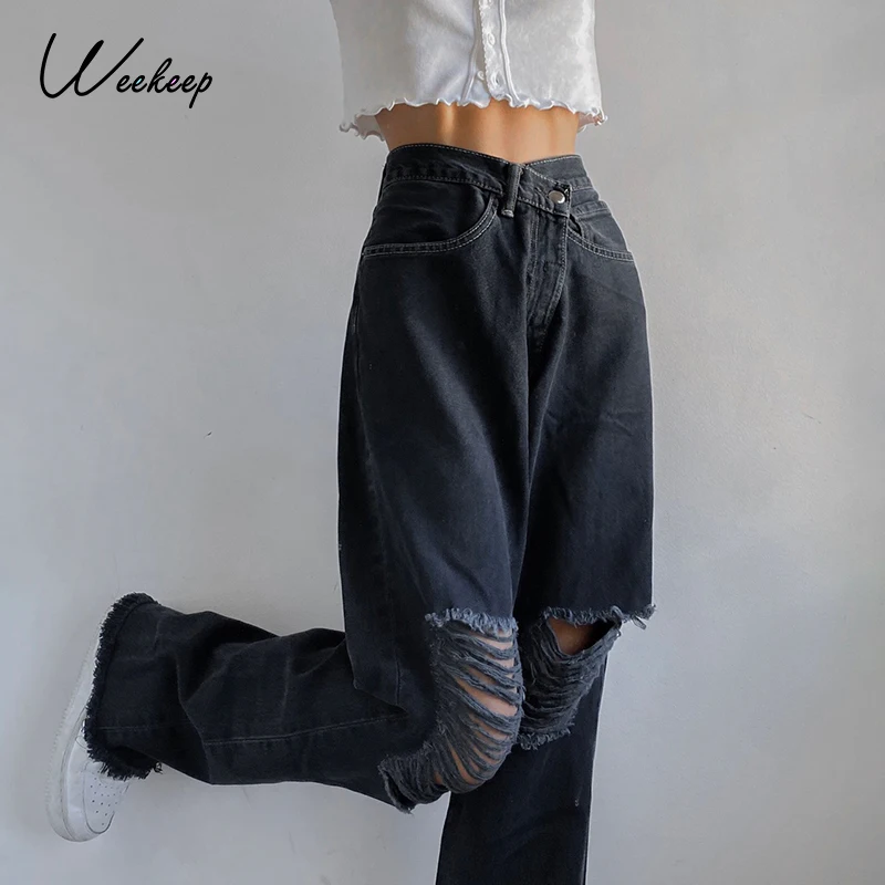 

Weekeep y2k Fashion Holes High Waist Jeans Femme Pantalon 90s Vintage Streetwear Loose Korean Trousers Joggers Women Denim Pants