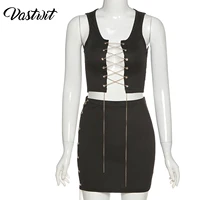 women solid color metal chain lace up two piece suit clubwear cropped tank top with high waist skirt