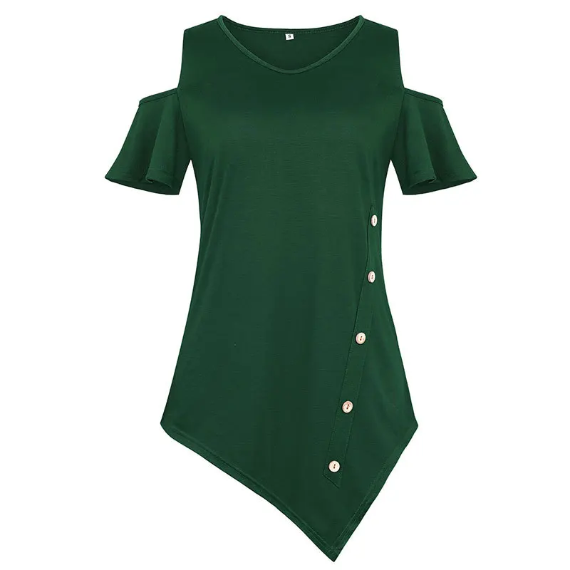 

Women Summer Round Neck Irregular Hem Button Off-the-shoulder Loose Casual T-shirt
