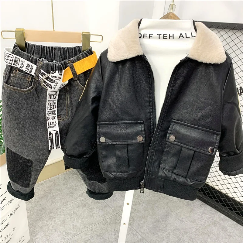 Boy Clothing Sets Winter Kids Faux Leather Jacket+Plush T-Shirt+Thickened Jeans Children Clothing 3 Pcs Baby Boys Clothes Set