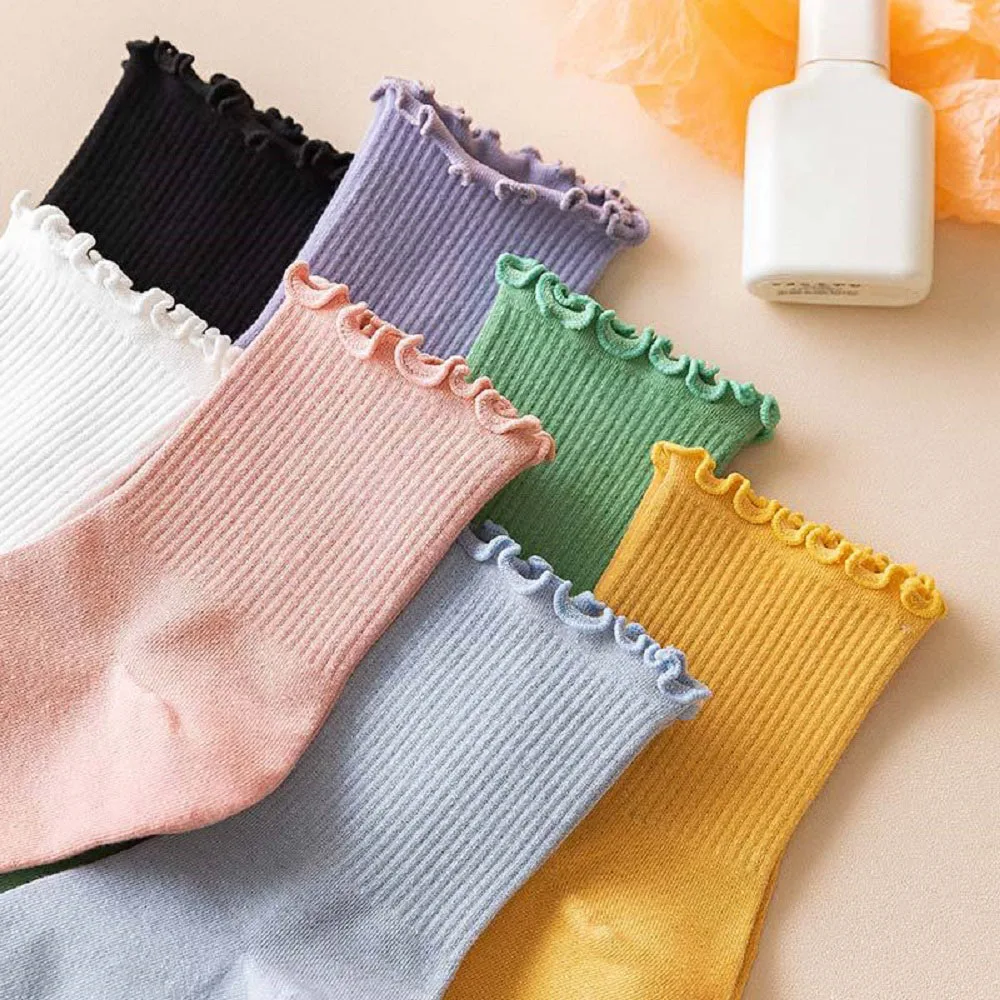 

Sweet Ruffles Socks Girl Women Solid Color Cotton Tube Socks Japanese Harajuku College Cute Socks