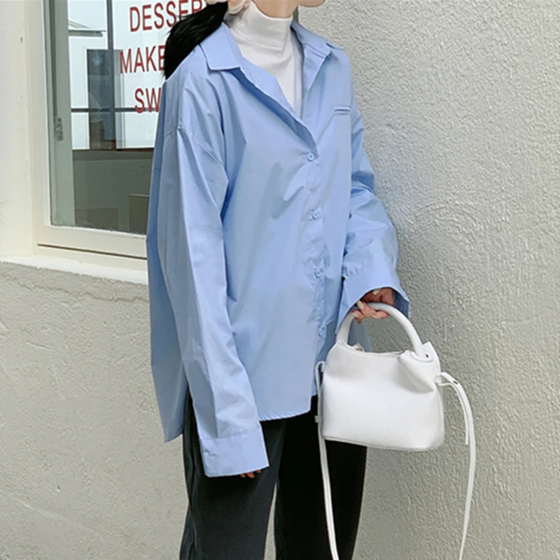 

Women Blouses Shirts Solid New 2021 Spring Autumn Vintage Oversize Buttons Korean Style Office Lady Fashionable Wild Tops