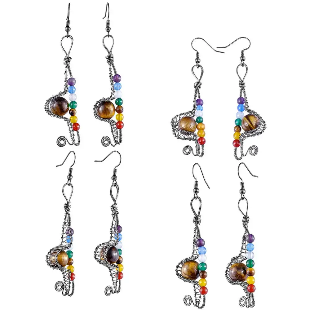 

TUMBEELLUWA Healing Chakra Round Beads Dangle Earrings for Women Gun Black Color Gem Stone Ears Pendant Reiki Handmade Jewelry