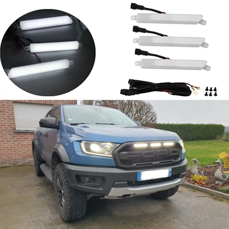 

3 Pcs/Set Led Drl Daytime Lights Front Mesh Mask Cover Led Bar Lighting Fog Lamp Lamps for Ford Ranger T7 T8 Everest