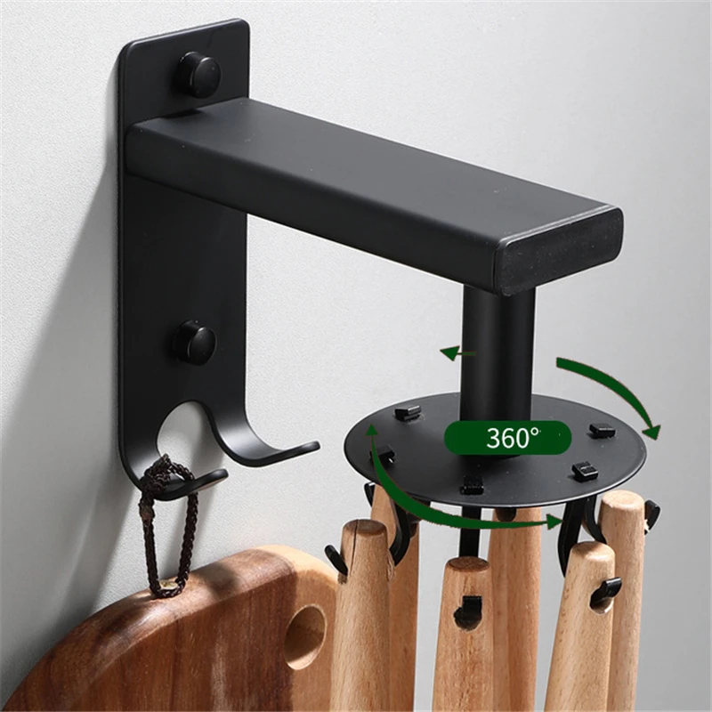 

Kitchen 360° Rotating Storage Rack Punch Free Utensil Holder Kitchen Cooking Tools Hook Adjustable Hanger with 6 Removable Hooks